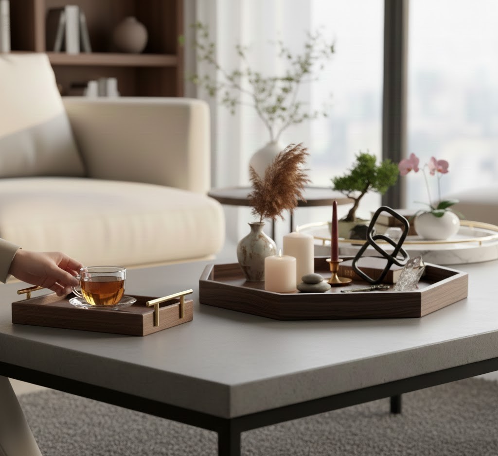 Interieur met decoratieve dienbladen