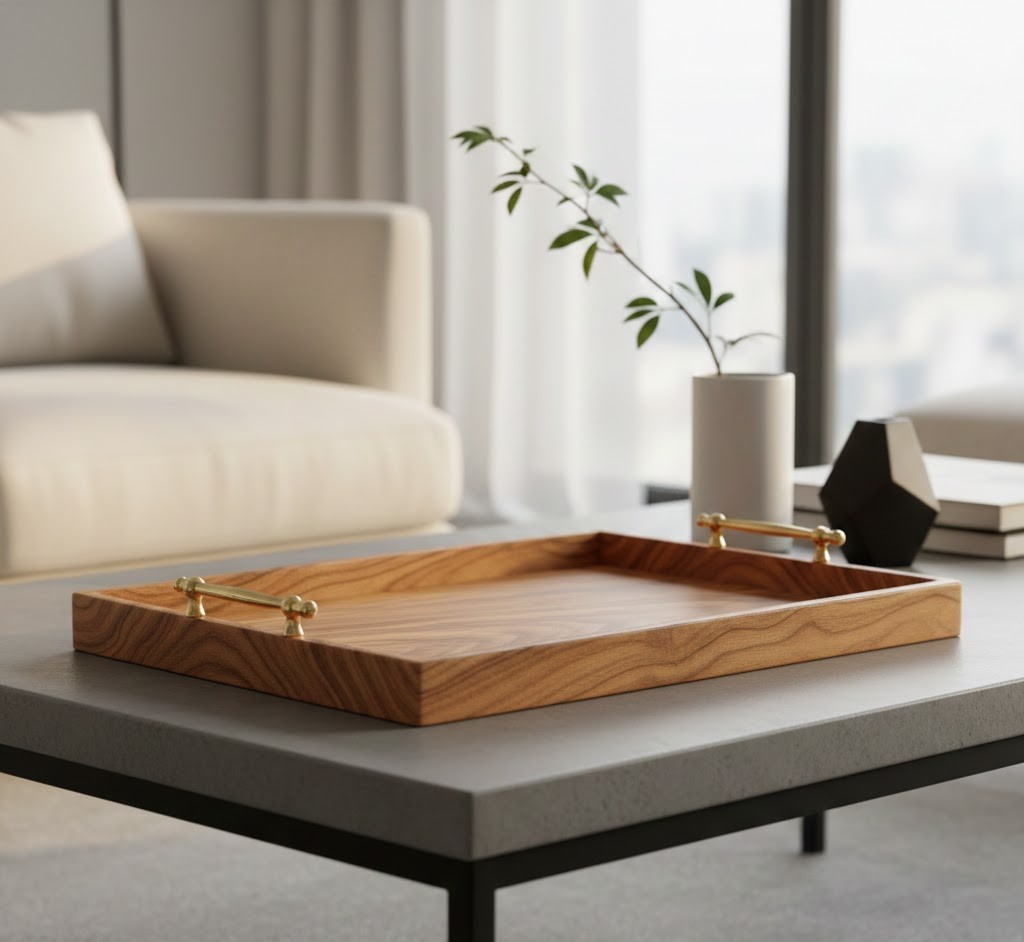 Houten dienblad met messing handvatten