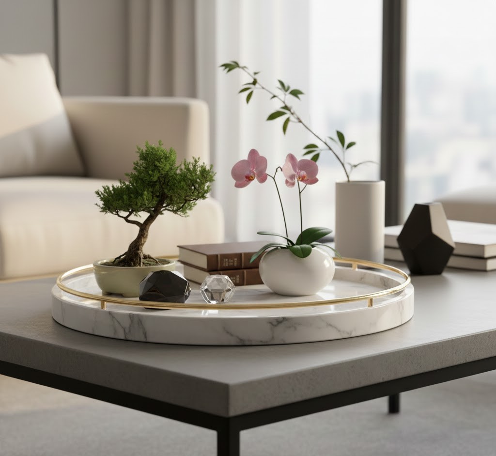 Rond marmeren dienblad met goud accenten
