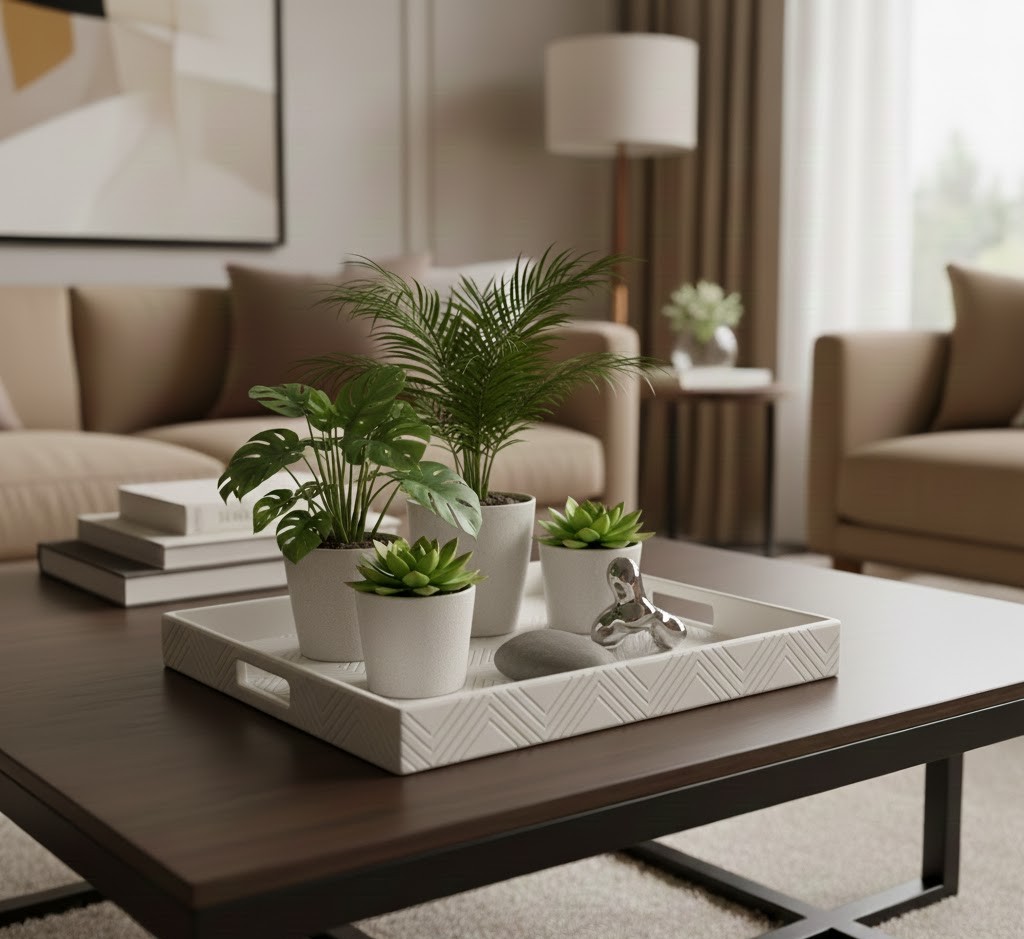 Wit keramisch dienblad met geometrische patronen