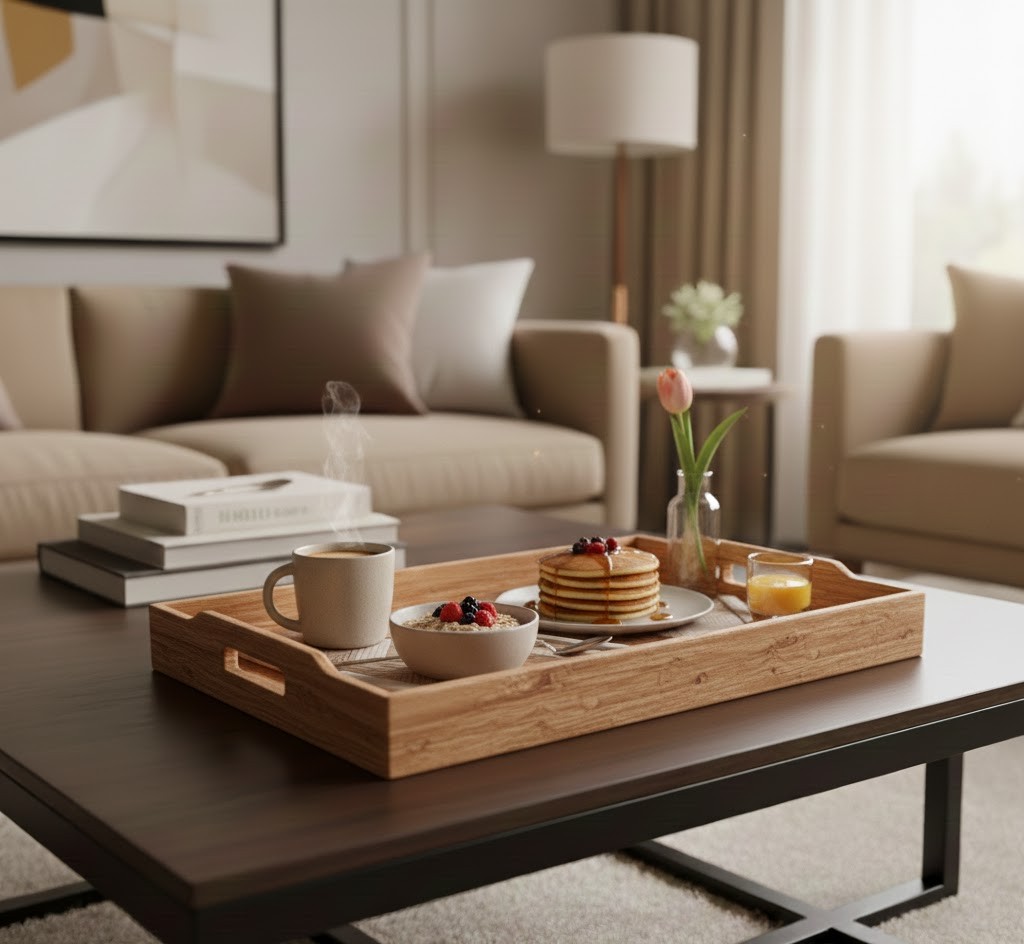 Lang houten dienblad voor ontbijt