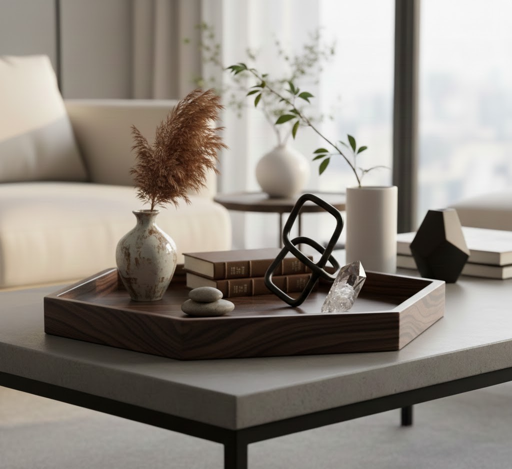 Zeshoekig donker houten dienblad